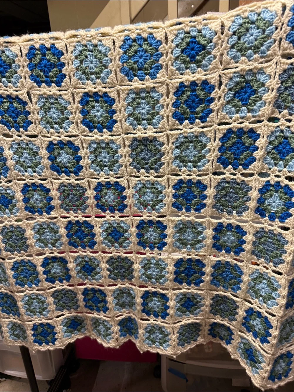 Handmade Crochet Granny Square Throw Blanket - Blue & Cream